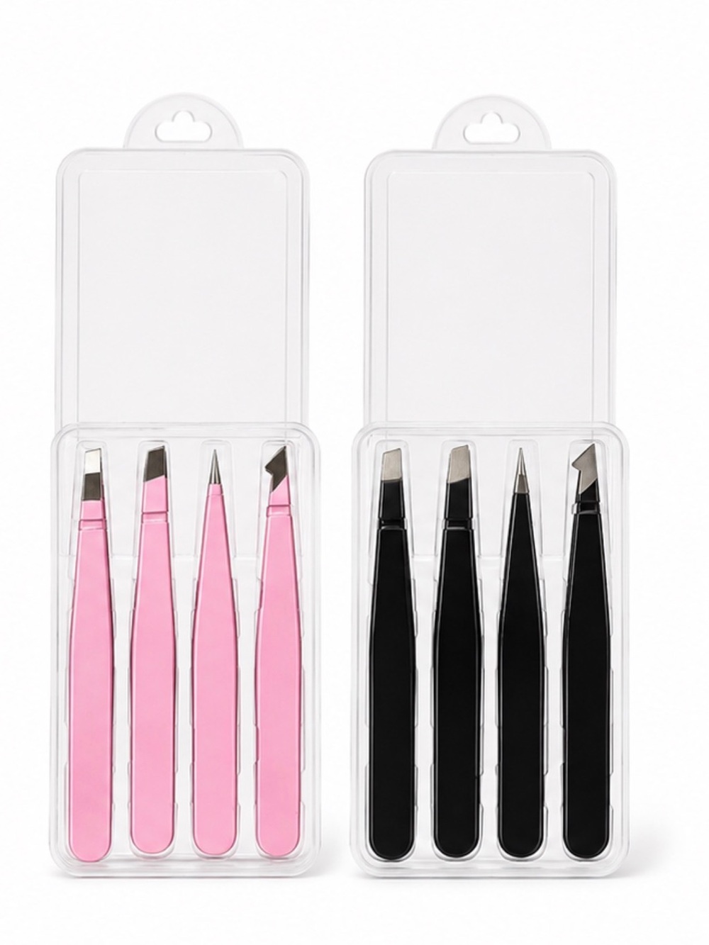 NEW -8-Piece Tweezer Set (4 Pink, 4 Black) w Reusable Cases - Beauty & Grooming